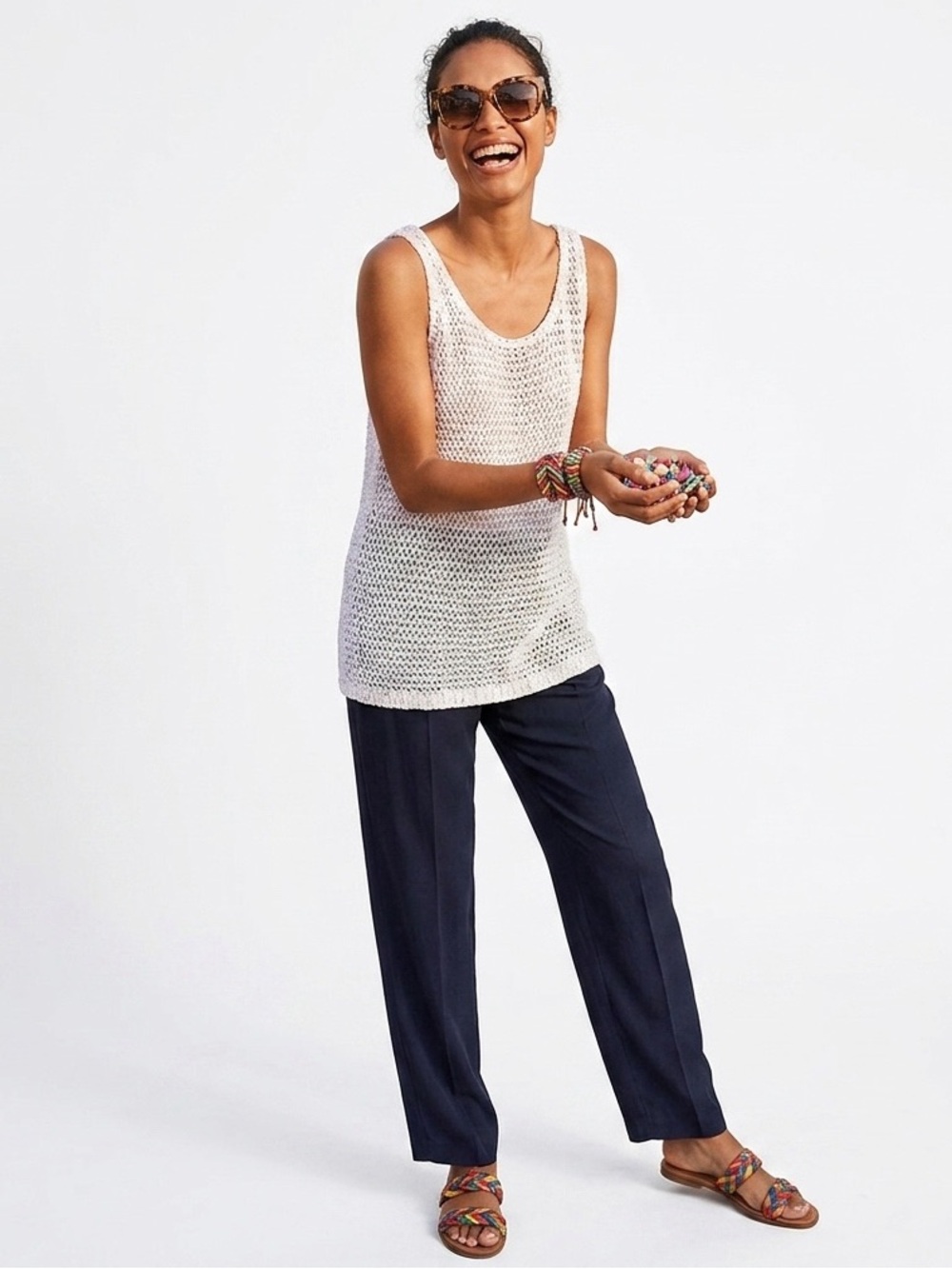 rag & bone Cream Knit Tank with Navy Relaxed Trousers